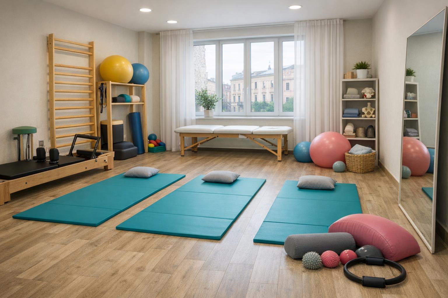 Sala do rehabilitacji poporodowej z matami i przyrządami w gabinecie w Krakowie