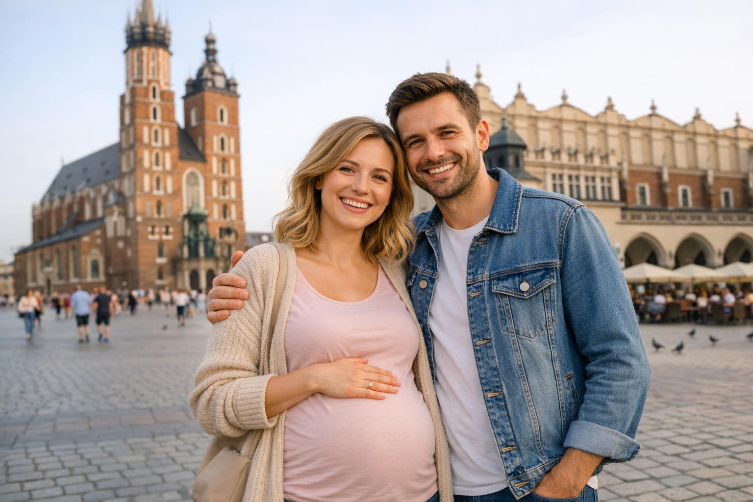 para na spacerze po krakowskim rynku po kursie szkoły rodzenia - uśmiechnięci rodzice