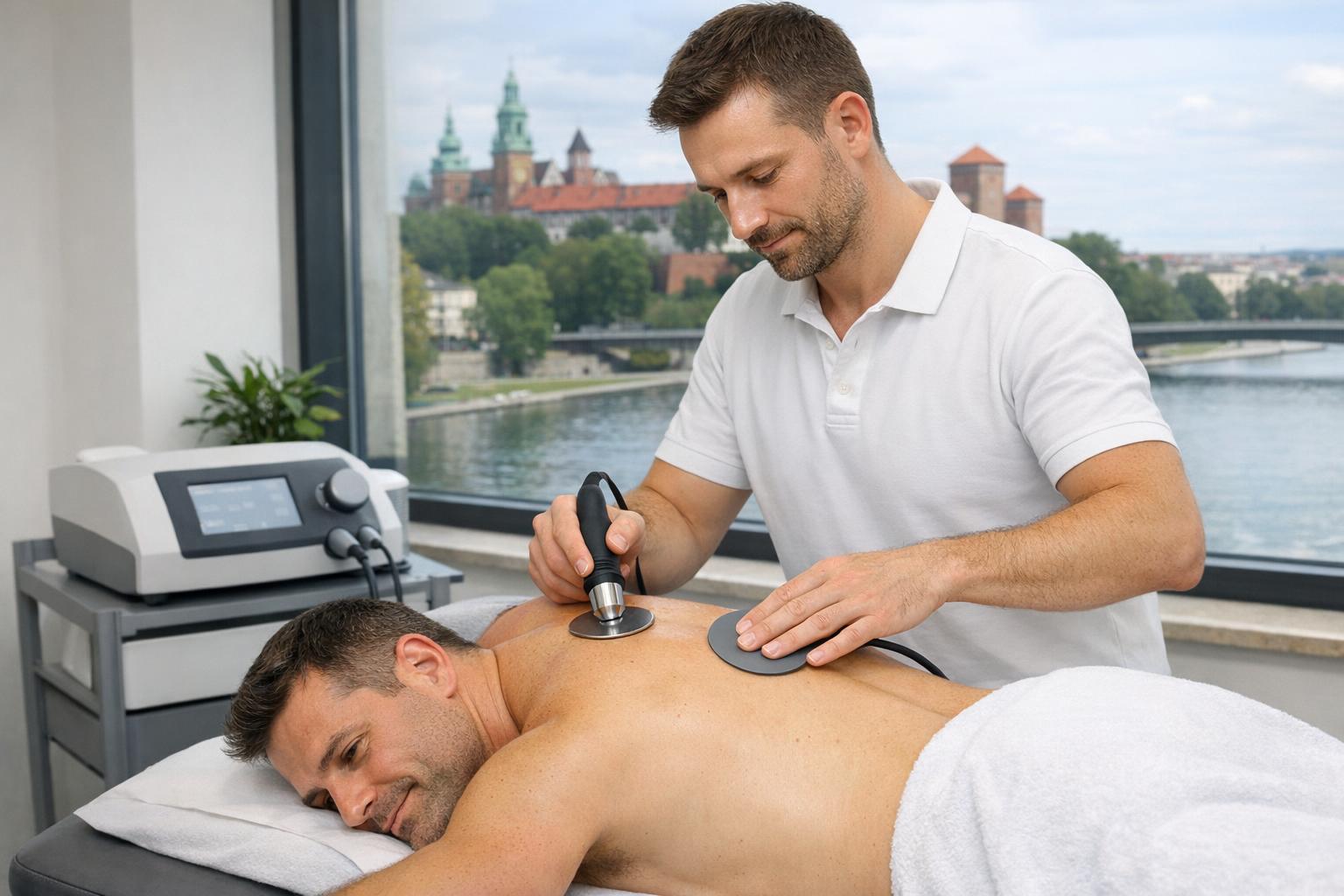 Terapeuta wykonujący zabieg Indiba na bark pacjenta w Krakowie