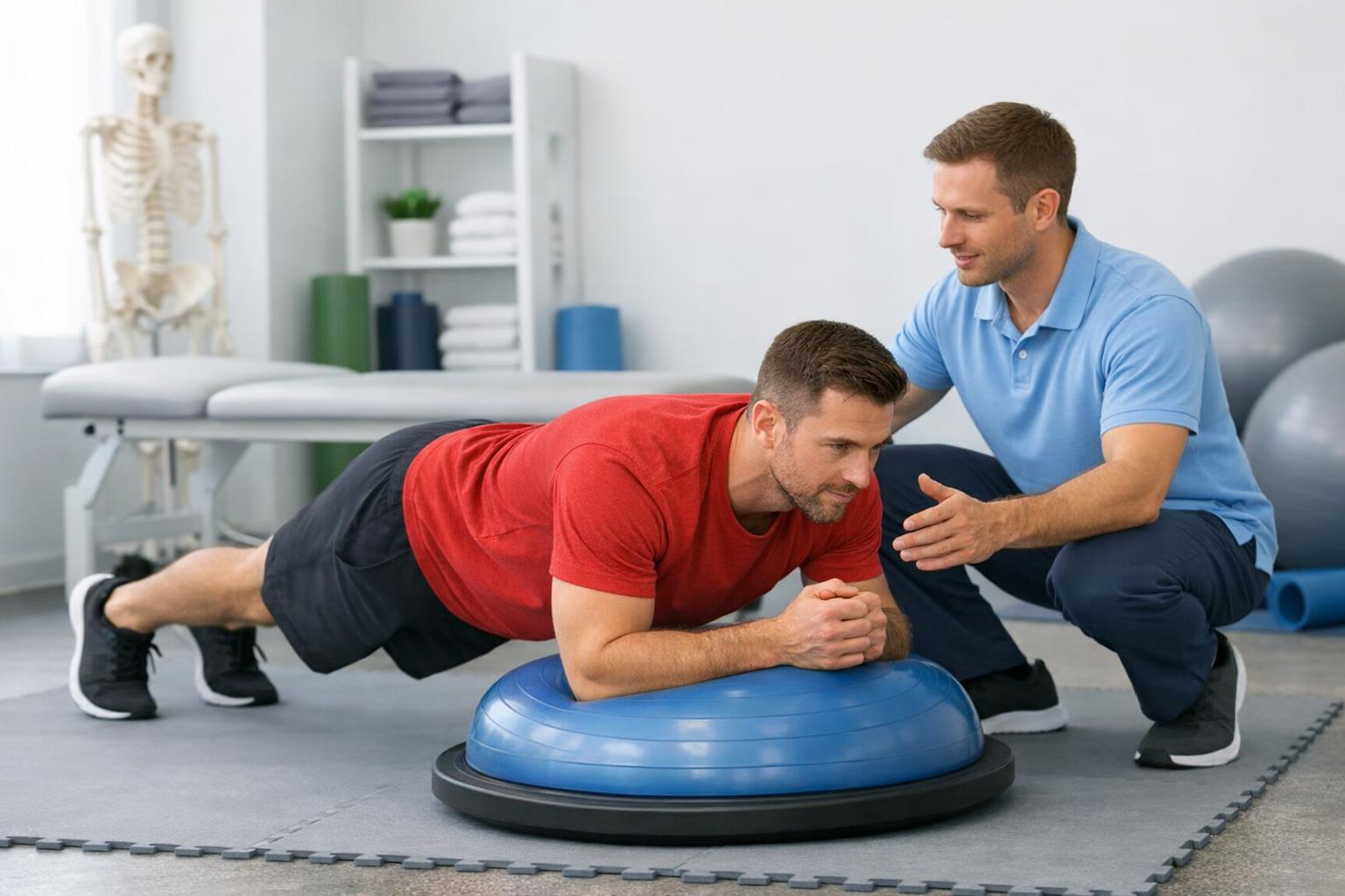 Pacjent wykonujący ćwiczenia stabilizacyjne na bosu pod okiem fizjoterapeuty